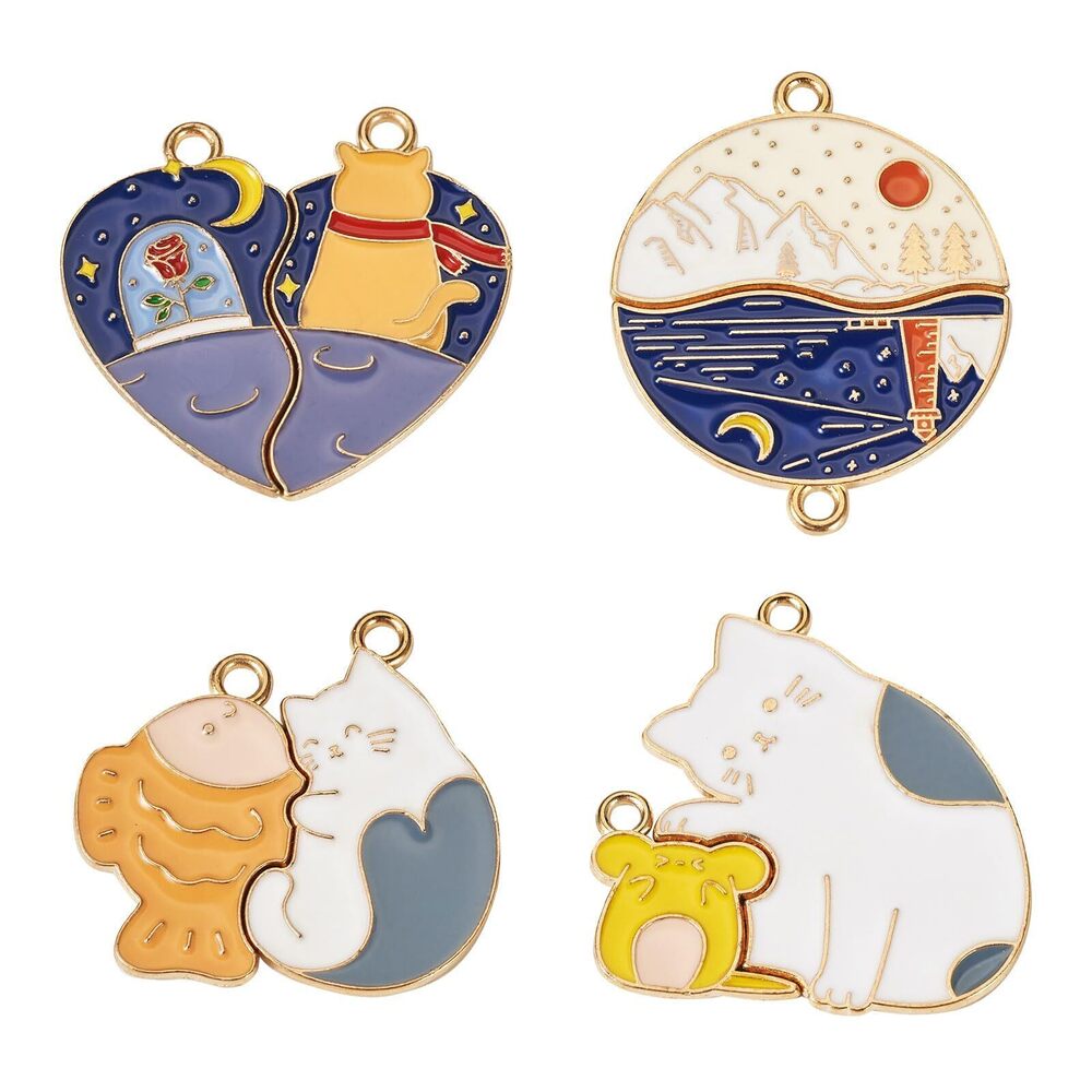 4344 16Pcs Enamel Cat Charms Cute Cartoon Cat Fish Mouse Charms Colorful